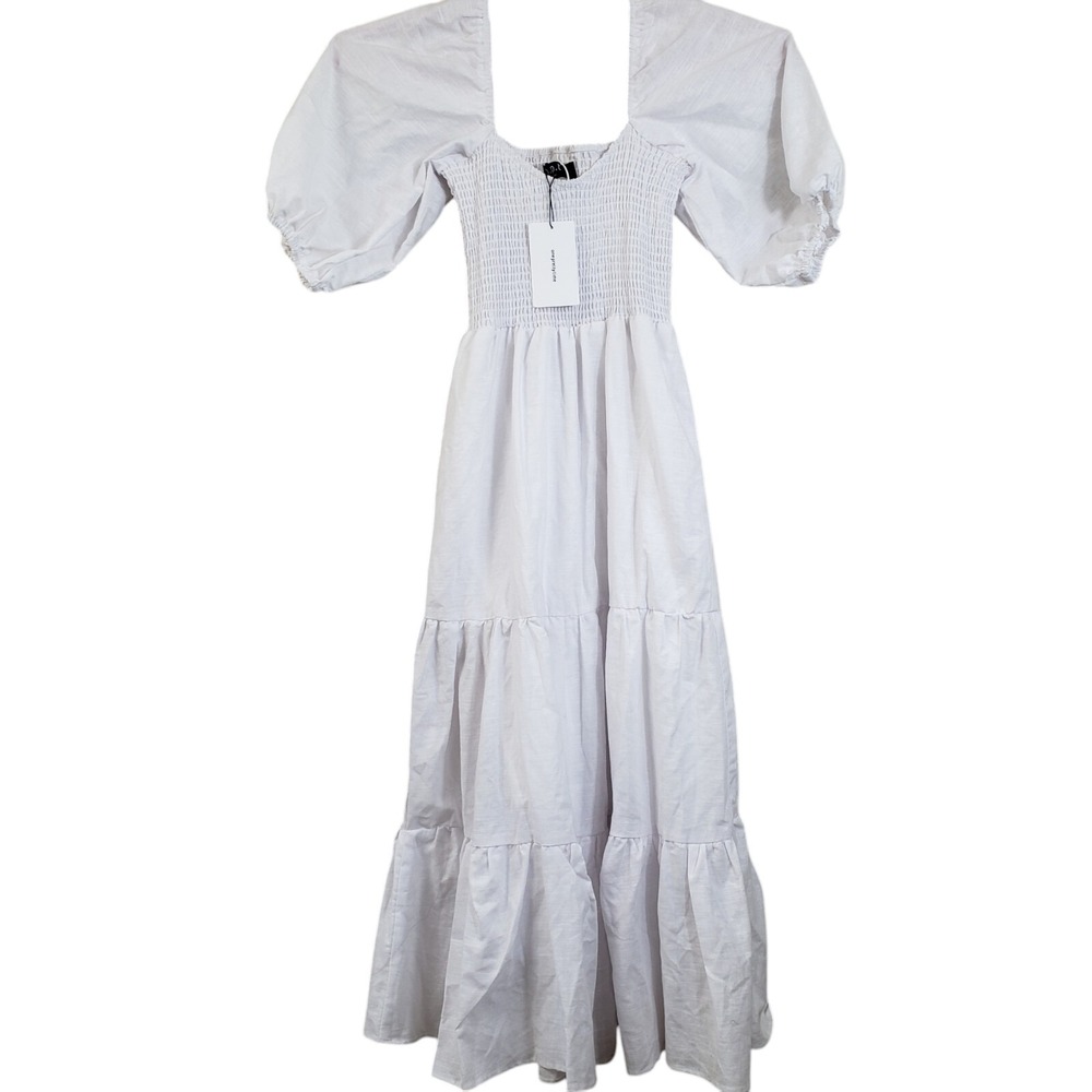 New With Tags O.P.T Size XS White Cottagecore Smocked Puff Sleeves Midi Dress **